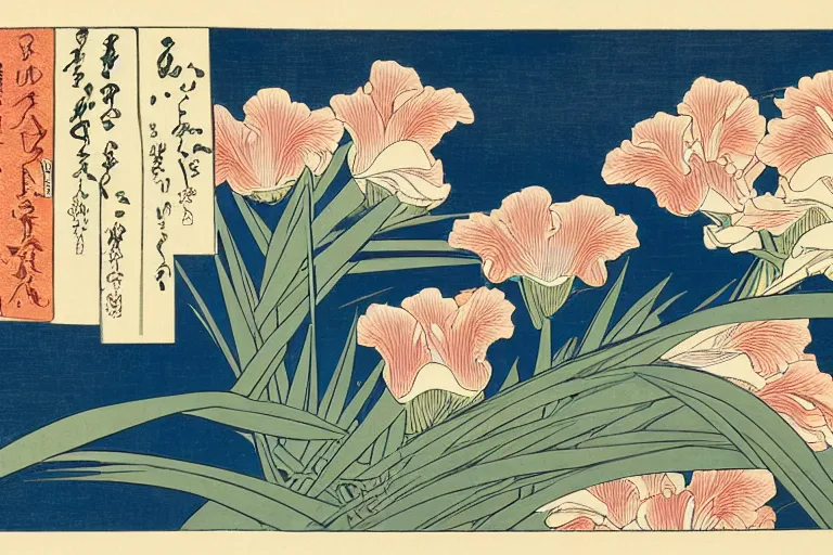 Image similar to a masterful ukiyo - e print of irises by katsushika hokusai, utagawa kuniyoshi and utagawa hiroshige, hyperdetailed, intricate, colorful, illustration, complex, closeup, 4 k