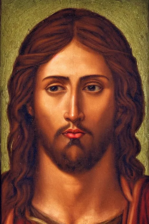 Image similar to Portrait of Jesus with traces of chocolate around his mouth, 8k, photorealism