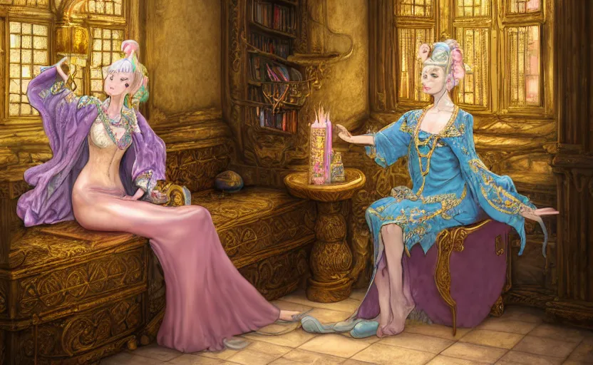 Prompt: a detailed fantasy pastel portrait of a female wizard in ornate clothing lounging on a purpur pillow on the marble floor in front of her bookcase in a room, reading an ancient tome. to the side is a potted plant and some blue candles. ancient retrofuturistic setting. 4 k photorealism key art, raytracing in the style yoshitaka amano and rembrandt.