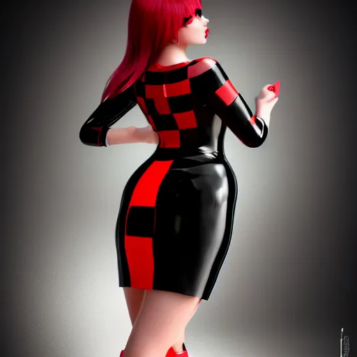 Image similar to curvy feminine hot goth woman with elegant red-black checkered latex dress, cgsociety, photorealistic, sublime-comfy-elegant ambience, 16k, smooth, sharp focus, trending on ArtStation, volumetric lighting, fully clothed, worksafe