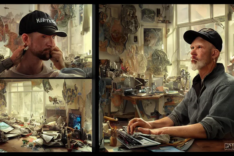 Image similar to a computer graphics artist man with a ballcap in a messy room at the computer animating, ultra realistic, concept art, intricate details, serious, highly detailed, photorealistic, octane render, 8 k, unreal engine. art by artgerm and greg rutk owski and alphonse mucha