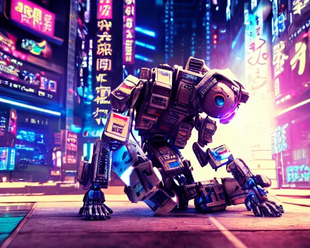 Prompt: CHAPPIE Breakdancing In The Middle of Neo Tokyo, Full Figure, 8K, octane render, HDR, photorealistic, volumetric lighting, Hyperrealistic-H 960