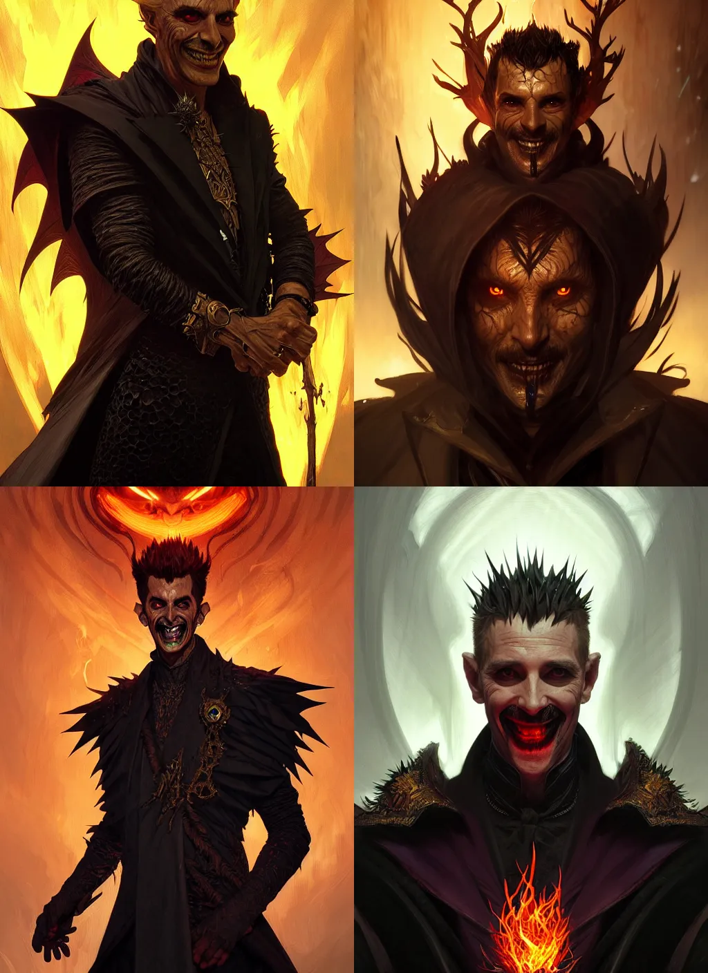 Prompt: Portrait of evil warlock man, D&D fantasy, short spiked hair, embers adrift in the air, black suit, unsettling grin, intricate, highly detailed, digital painting, artstation, concept art, sharp focus, illustration, art by greg rutkowski and alphonse mucha