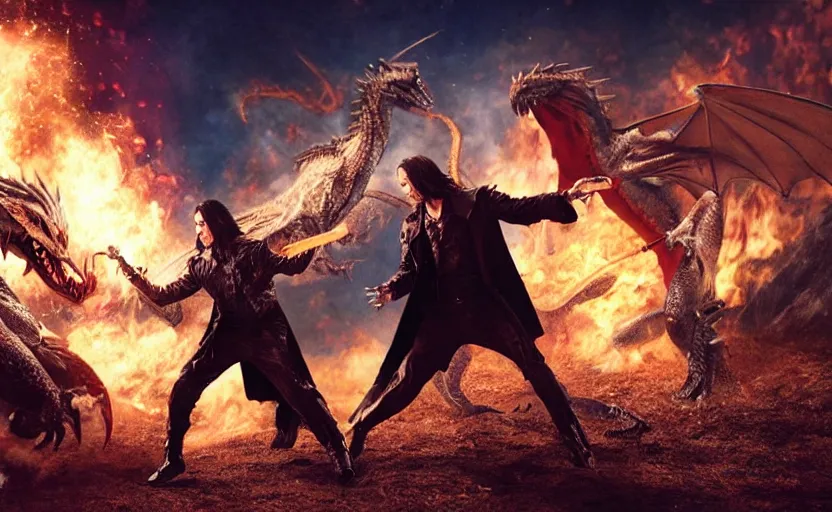 Prompt: wizard keanu reeves fighting a dragon on a fantasy battlefield