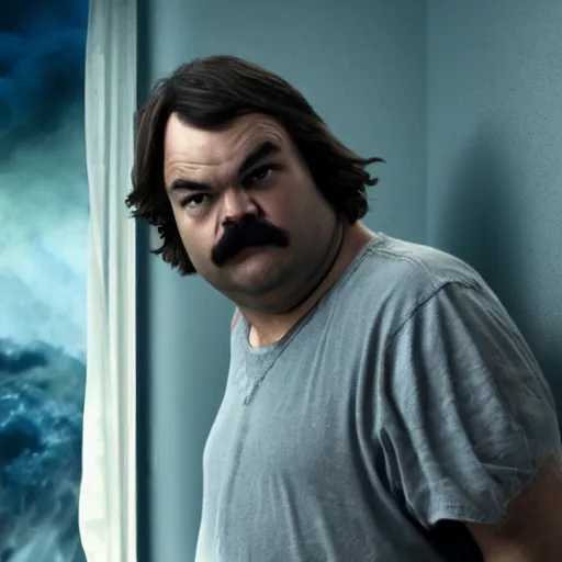 Image similar to jack black looking peaceful while escaping a raging building fire, movie still, 8 k