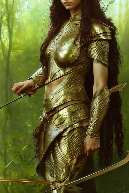 Image similar to male elven Archer armor made of green leaves, fantasy, amber eyes, face, long hair, intricate, elegant, highly detailed, digital painting, artstation, concept art, smooth, sharp focus, illustration, art by artgerm and greg rutkowski and alphonse mucha