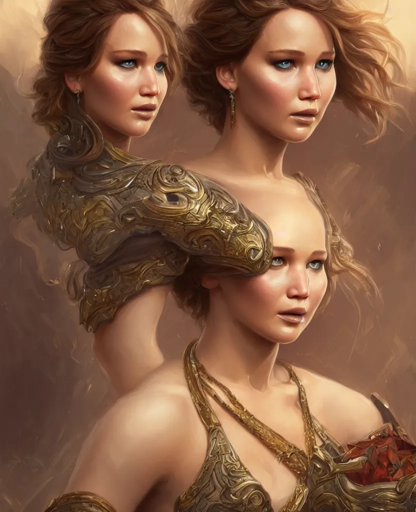 Image similar to Jennifer Lawrence, closeup, D&D, fantasy, intricate, elegant, highly detailed, digital painting, artstation, concept art, matte, sharp focus, illustration, hearthstone, art by Artgerm and Greg Rutkowski and Alphonse Mucha