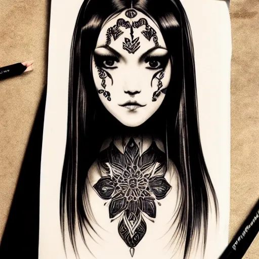 Image similar to tattoo design, stencil, beautiful young female, long dark hair, symmetrical facial features, Japanese, partially clothed in robe, by William-Adolphe Bouguerea and artgerm