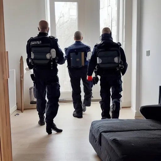 Image similar to a photo of several members of the french scientific police walking in an apartment in the morning