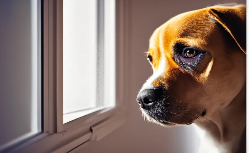 Image similar to a dog is looking out of a window, beautiful lighting, 8 k