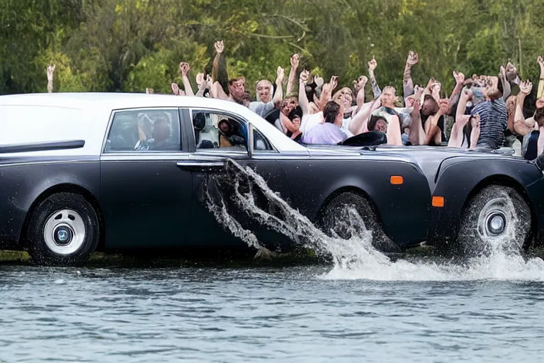 Image similar to Group of teenagers push Rolls-Royce into lake