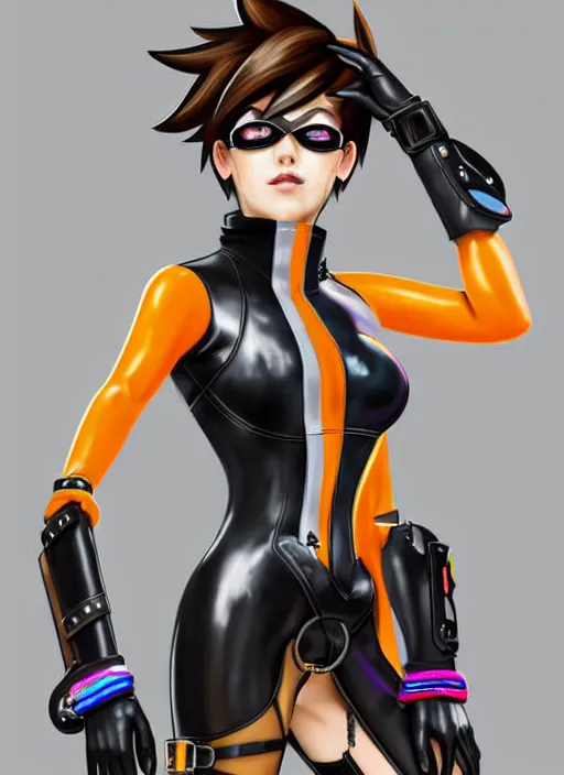 Image similar to full body digital artwork of tracer overwatch, wearing black iridescent rainbow latex, 4 k, expressive happy smug expression, makeup, in style of mark arian, wearing detailed black leather collar, wearing chains, black leather harness, leather cuffs around wrists, detailed face and eyes,