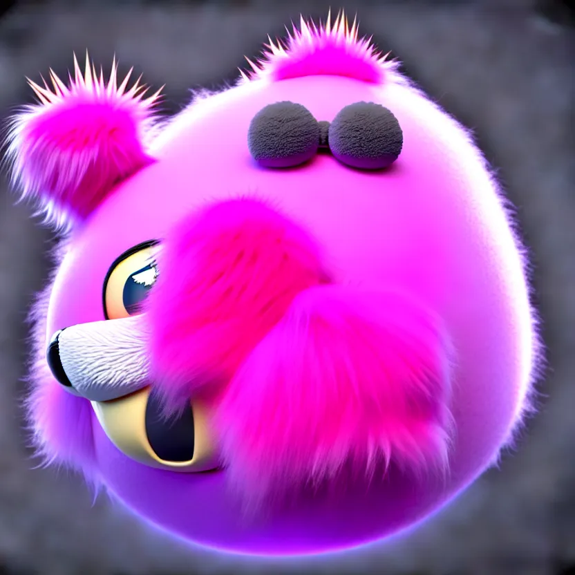 Prompt: high quality 3 d render hyperrealistic very cute big spherical creature, mustache, plush mascot, short spiky dense fluffy smooth hair, isometric 3 d, psychedelic lighting pink fluffy fur 1 cm long, 1 5 0 mm, smooth background, artstation, ultra detailed, elegant, ultra detailed, octane render