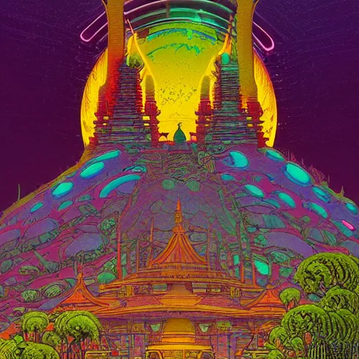 Prompt: highly detailed illustration of a temple on a strange planet, by moebius, by kilian eng, by sam freio, by thomas rome, by victor mosquera, by bruce pennington, juxtapoz, behance, dayglo, prismatic