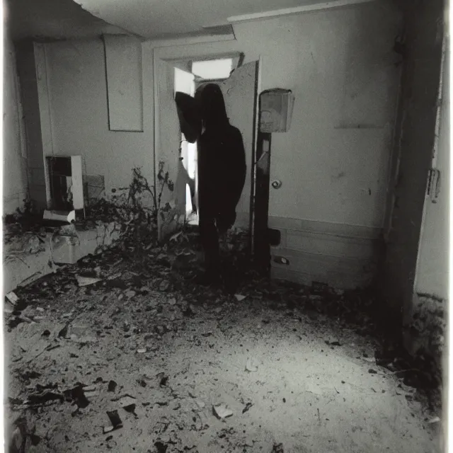 Image similar to found polaroid photo, flash, interior abandoned hospital, mutant creature standing