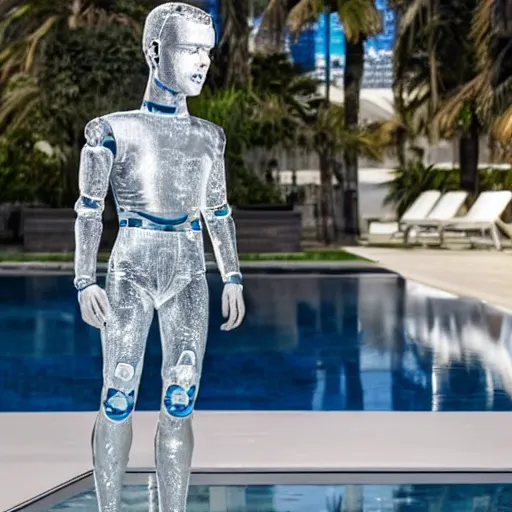 Image similar to a realistic detailed photo of a guy who is an attractive humanoid who is half robot and half humanoid, humanoid robot, by the pool, posing like a statue, who is a male android, blank stare, on display, made of ice, shiny skin, frozen ice statue, showing off his muscles, f 1 driver charles leclerc