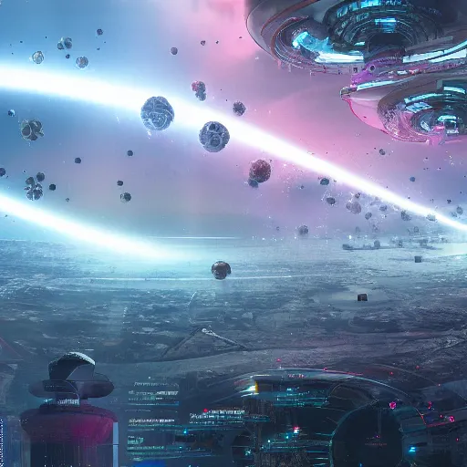 Image similar to cyberpunk dyson swarm attacked by giant alien spaceship, panorama view, detailed digital art, multiple objects, 8k