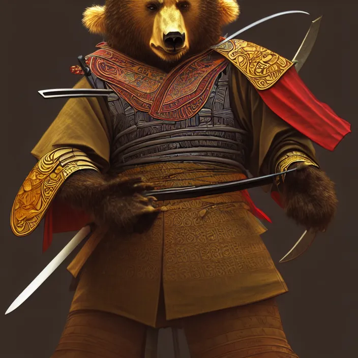 Image similar to anthropomorphic samurai bear, diffuse lighting, fantasy, intricate, highly detailed, lifelike, photorealistic, digital painting, artstation, illustration, concept art, smooth, sharp focus, art by alphonse mucha and stan sakai