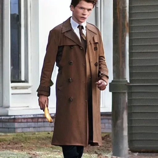 Image similar to tom holland wearing a brown trenchcoat, white shirt and plaid tie, smoking a cigar, dressed as detective columbo.