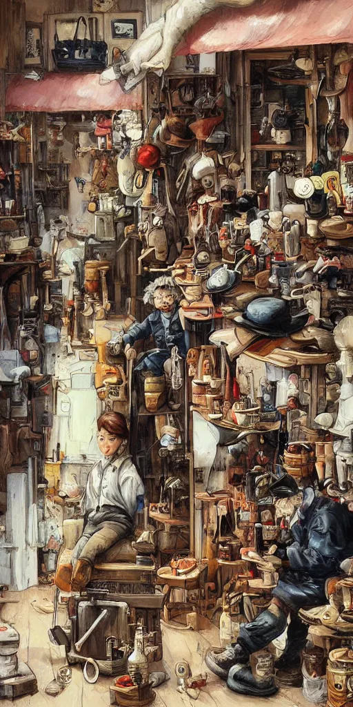 Image similar to oil painting scene from shoemaker's shop by kim jung gi