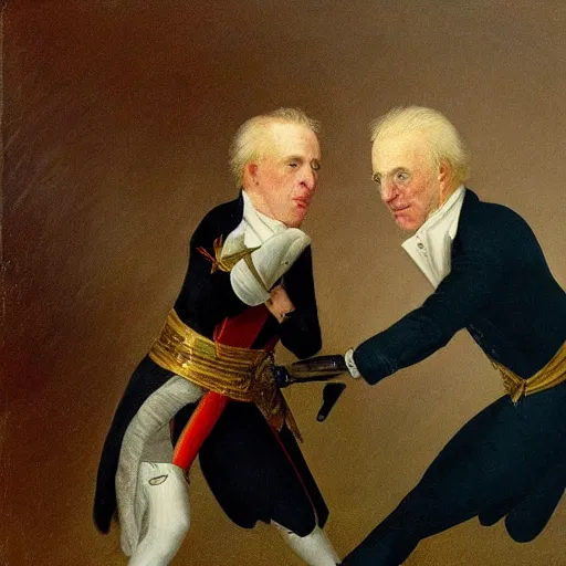 Image similar to Boris Johnson and Joe Biden in a duel, 1800s art