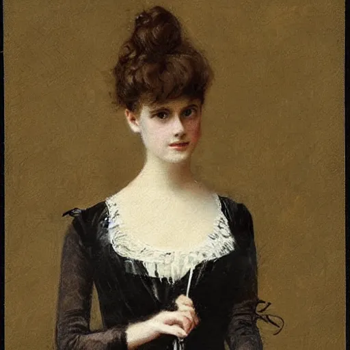 Image similar to young victorian lady in ball gown, a little card and pencil in hand, painted by alfred stevens