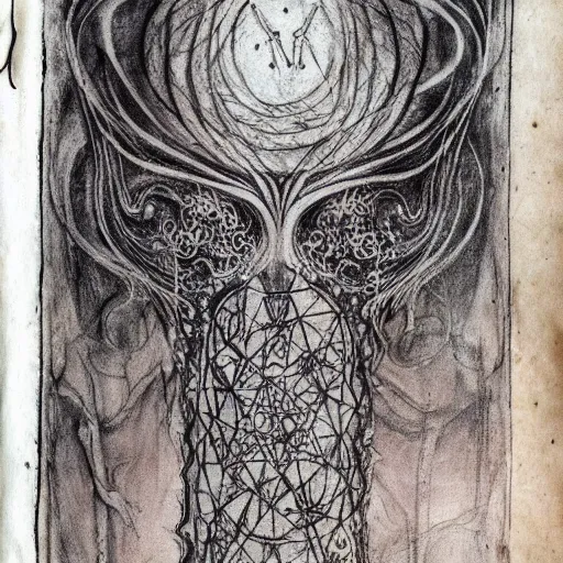 Prompt: scan of book with intricate ink drawings of occult drawing for a black magic ritual in a book about magic. lovecraftian feeling. by Agnes Cecile but in charcoal and blood. on a parchment made from thin leather. the parchment is 2000 years old.