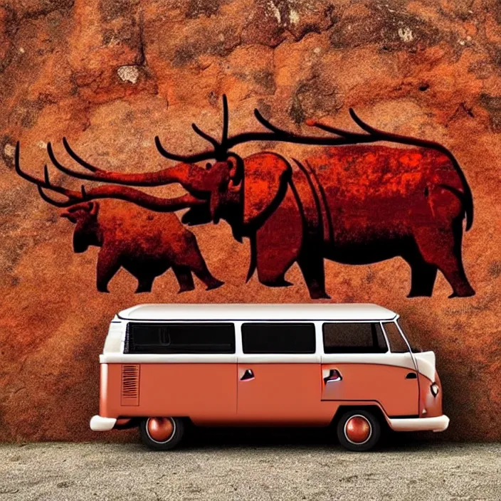 Image similar to image of ancient vw bus on the wall, mammoths and hunters, ancient prehistoric rock art in a cave style, red ocher paint