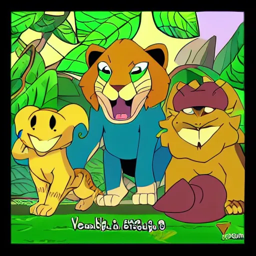 Prompt: Lion in the jungle cartoon pokemon style