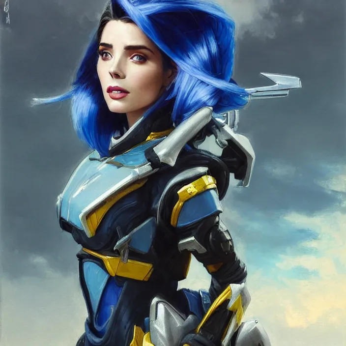 Image similar to portrait of a combination of Ashley Greene, Adriana Dxim, Grace Kelly and Lily Collins with blue hair wearing Interceptor's armor from Anthem, countryside, calm, fantasy character portrait, dynamic pose, above view, sunny day, thunder clouds in the sky, artwork by Jeremy Lipkin and Giuseppe Dangelico Pino and Michael Garmash and Rob Rey and Greg Manchess and Huang Guangjian, very coherent asymmetrical artwork, sharp edges, perfect face, simple form, 100mm