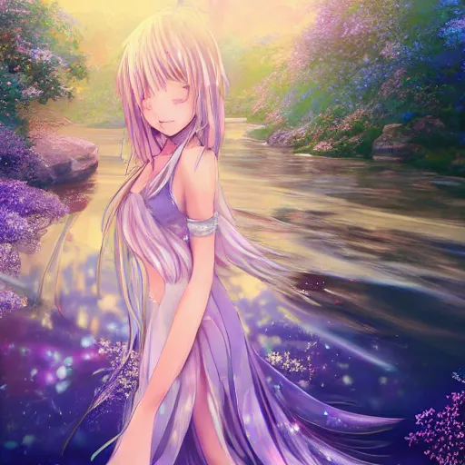 Prompt: advanced digital anime art, Sakimichan , WLOP, RossDraws, a gorgeous woman with long gold and silver hair wearing a violet dress and bare feet walking through a crystal clear river under a starry night, DOF, Gaussian Blur, —H 1024