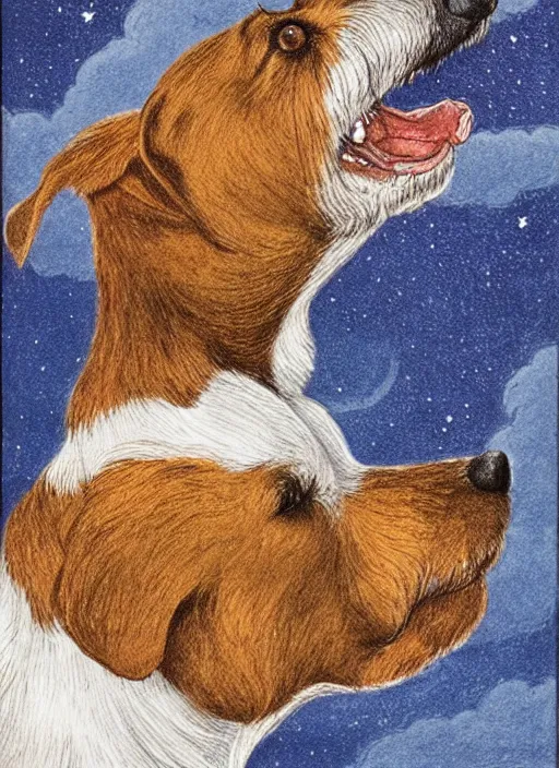 Image similar to portrait of jack russel dog looking up and howling with mouth open sad, night sky, highly detailed, side view, illustrated by peggy fortnum and beatrix potter and sir john tenniel