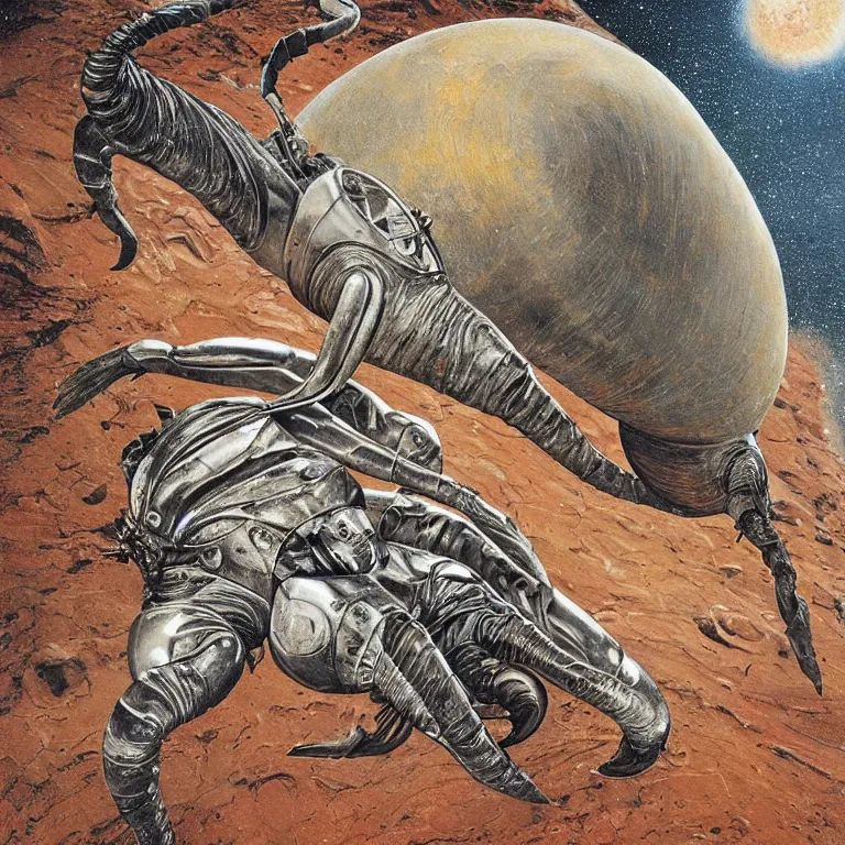 Image similar to painting by wayne barlow and carlo crivelli, a woman in a skintight silver shining spacesuit riding on the back of a giant alien crab on a dramatic red rocky planet