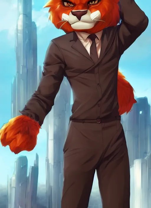 Image similar to character portrait of a male anthro Incineroar fursona with a furry body wearing a dress shirt and slacks in a futuristic city. Character design by charlie bowater, ross tran, artgerm, and makoto shinkai, detailed, inked, western comic book art