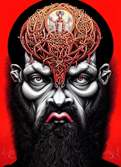 Image similar to hyper detailed ultra sharp beautiful orthodox satan icon, horror, hybrid human, trending on artstation, byzantine aesthetic, epic, religious, decadent, majestic, intricate, digital painting, concept art, smooth, sharp focus, illustration, art by josan gonzalez, felix englund, killian eng and zdizslaw beksinski