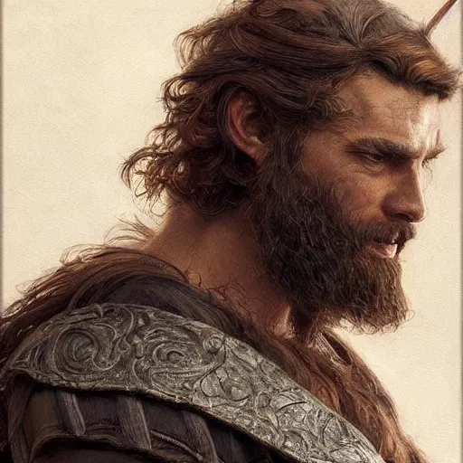 Image similar to portrait of a ruggedly handsome swordsman, soft hair, muscular, half body, leather, hairy, d & d, fantasy, intricate, elegant, highly detailed, digital painting, artstation, concept art, smooth, sharp focus, illustration, art by artgerm and greg rutkowski and alphonse mucha