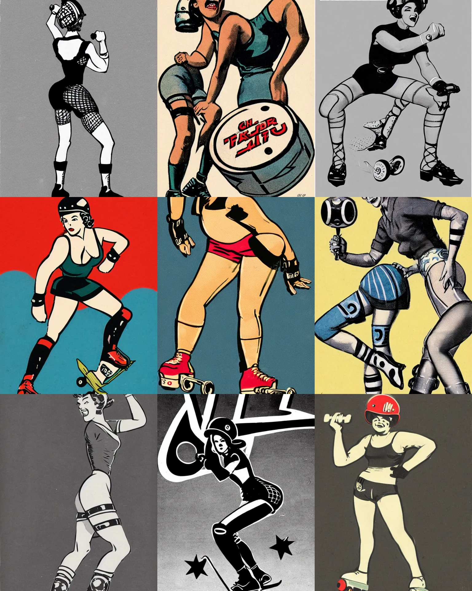 Prompt: 1950s logo of a roller derby girl doing Cross-Over, wearing skate helmet, knee pads, elbow pads, fishnet tights, showing off biceps, illustration by greg rutkowski and mcbess, 1950s