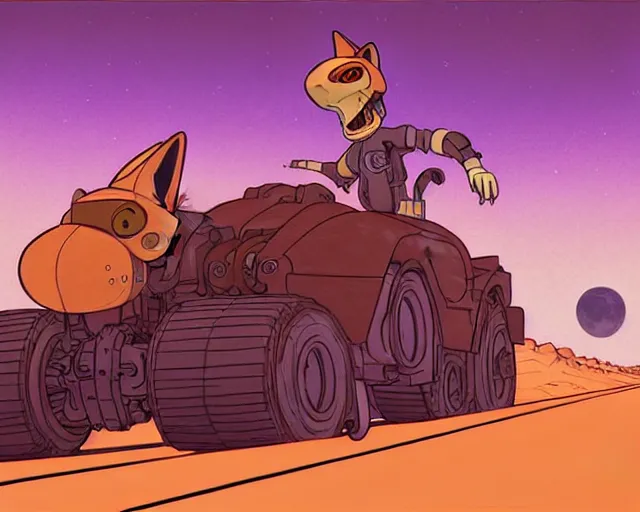 Prompt: a study of cell shaded cartoon of a mechanical coyote on a desert road, in front of a big moon illustration, wide shot, subtle colors, post grunge, concept art by josan gonzales and wlop, david rubin, mike mignola, laurie greasley, highly detailed, sharp focus, trending on artstation, hq, deviantart, art by artgem