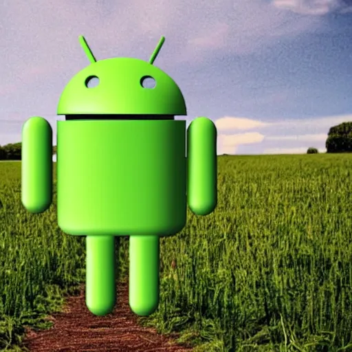 Image similar to An happy android made out of wood working in the fields