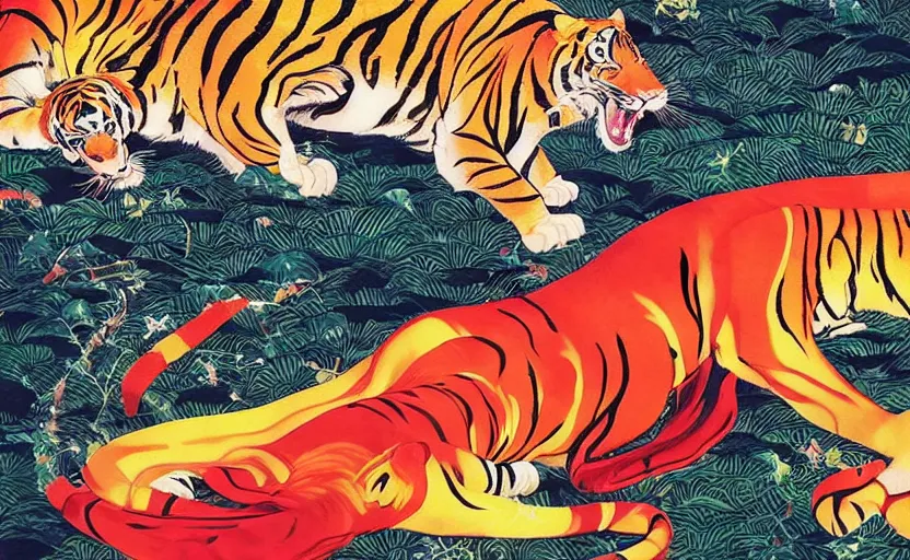 Image similar to a red delorean with a giant yellow tiger, art by hsiao - ron cheng and utagawa kunisada in a magazine collage, # de 9 5 f 0