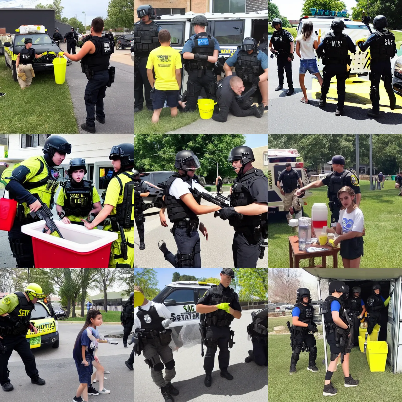 Prompt: swat team arresting teenager ’ s lemonade stand.