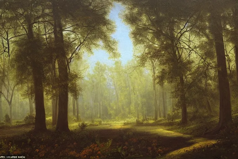 Prompt: dark and spooky painting of a forest dimly lit at night with purple morning glory flowers trailing on the ground at the base of trees. muted colour palette, detailed oil painting by asher brown durand