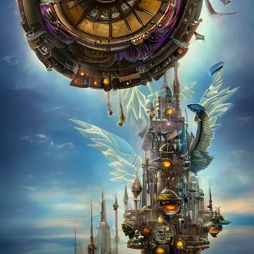 Prompt: flying city ontop of a mechanical flower, sky, fantasy art, steampunk