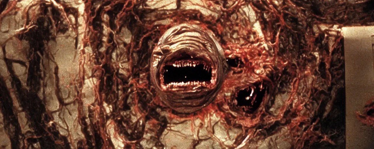 Image similar to filmic extreme wide shot movie still 4k UHD interior 35mm film color photograph of a a detached snarling distorted deformed human head protruding out of a mutated abstract shape shifting organism made of human internal organs, in the style of a horror film The Thing 1982