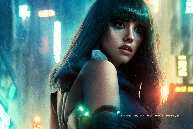 Prompt: 4 k remaster extremely detailed cinematic movie still from blade runner 2 0 4 9 of a cyborg warrior princess in the street, megabuildings, face by artgerm, cyber noir, bokeh, denis villeneuve, rich colors, night, road