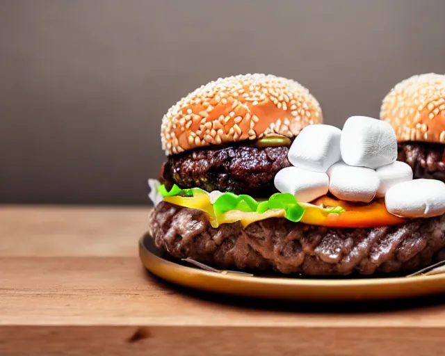 Image similar to dslr food photograph of burger with marshmallows in it, chocolate sauce, 8 5 mm f 1. 4