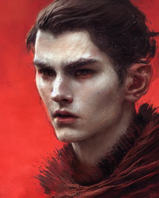 Image similar to close up of a young emperor wearing an armor ; masculine man with thin faces line and perfect jawline, two sides brown hair, elegant, ethereal horror fantasy art by greg rutkowski, jeremy mann, magali villeneuve and claude monet, large shoulders, red background