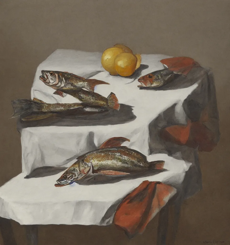 Prompt: still life painting of a fish on a white table