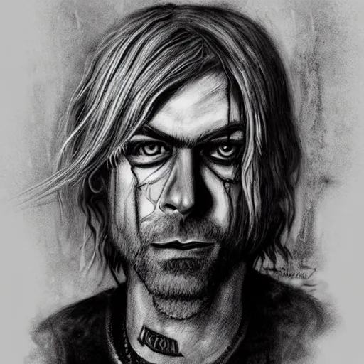 Image similar to surrealism grunge cartoon portrait sketch of Kurt Cobain, by michael karcz, loony toons style, freddy krueger style, horror theme, detailed, elegant, intricate