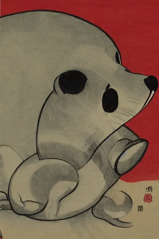 Image similar to baby harp seal as Shuten-dōji, Japanese painting